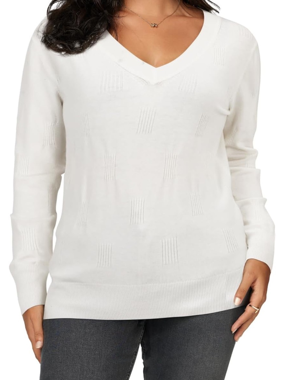 Classic V-Neck Knit Sweater with Subtle Texture in White - Picture 2 of 8